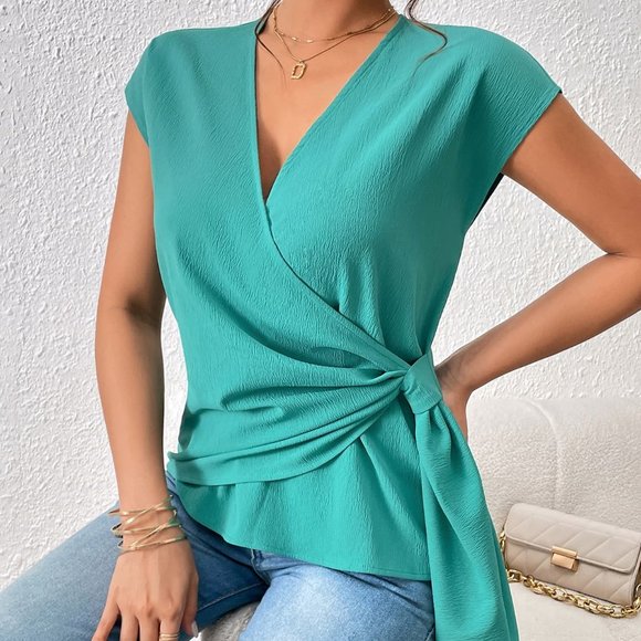 Tied Surplice Neck Short Sleeve Blouse - Picture 5 of 5